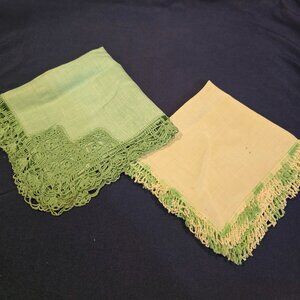 Handkerchief Green Cotton Linen Crocheted Edging Set of 2 1970s